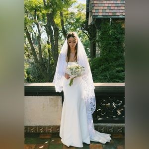 Two Tier, Blusher White Floor Length Wedding Veil with Lace Edge Details